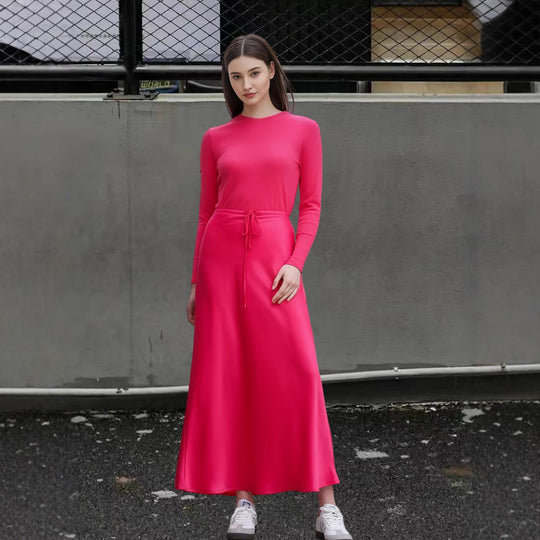 Damen Fließendes Maxikleid mit eleganten langen Ärmeln und taillierbarem Bund R&B