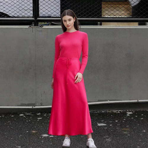 Damen Fließendes Maxikleid mit eleganten langen Ärmeln und taillierbarem Bund R&B