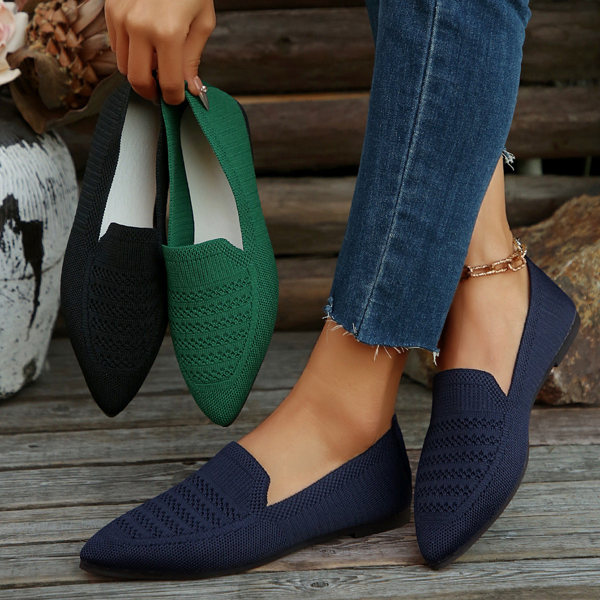 Damen Slipper mit atmungsaktivem Strickdesign R&B