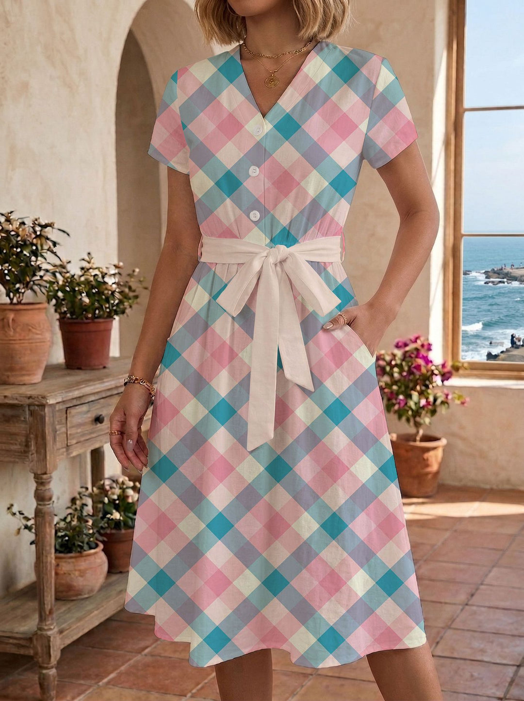 Damen lässiges Maxikleid mit taillierbarem Knoten und dekorativem Karomuster R&B