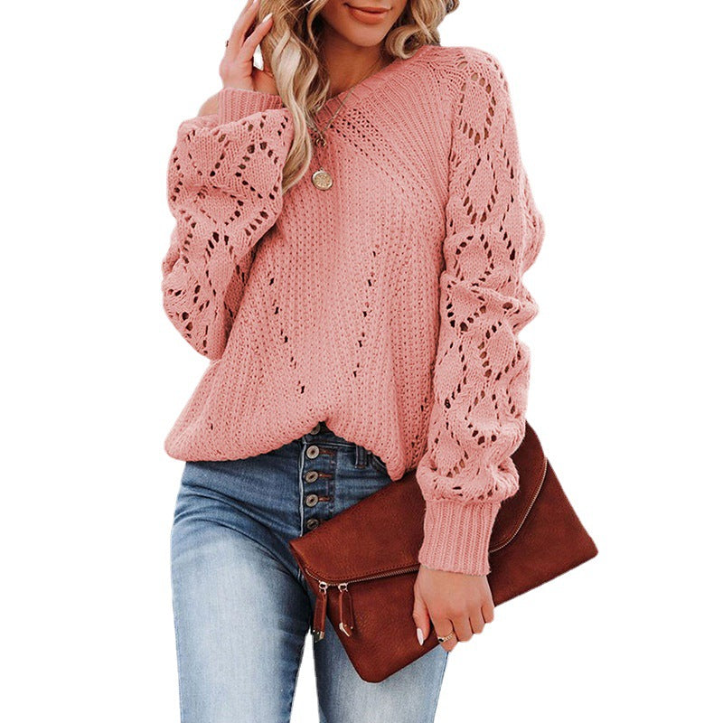 Damen Strickpullover mit romantischem Häkelmuster und voluminösen Ärmeln R&B