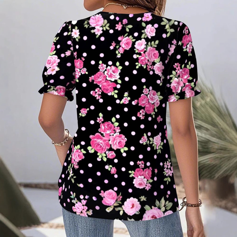 Damen nan V-Ausschnitt-Bluse mit Spitzenborte, Puffärmeln und floralem Punktmuster R&B
