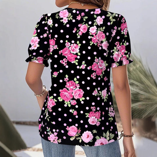 Damen nan V-Ausschnitt-Bluse mit Spitzenborte, Puffärmeln und floralem Punktmuster R&B