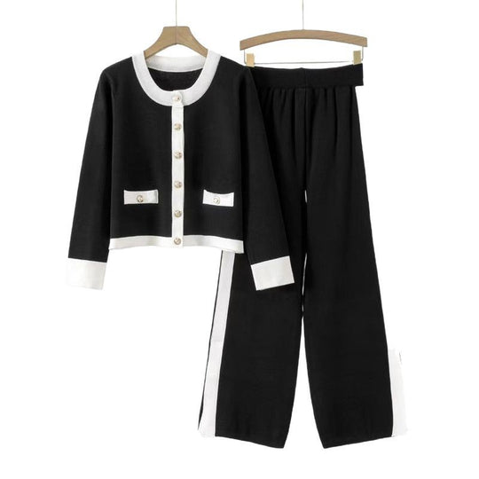 Damen Strick-Loungewear-Set mit dekorativen Knöpfen und seitlichem Schlitz R&B