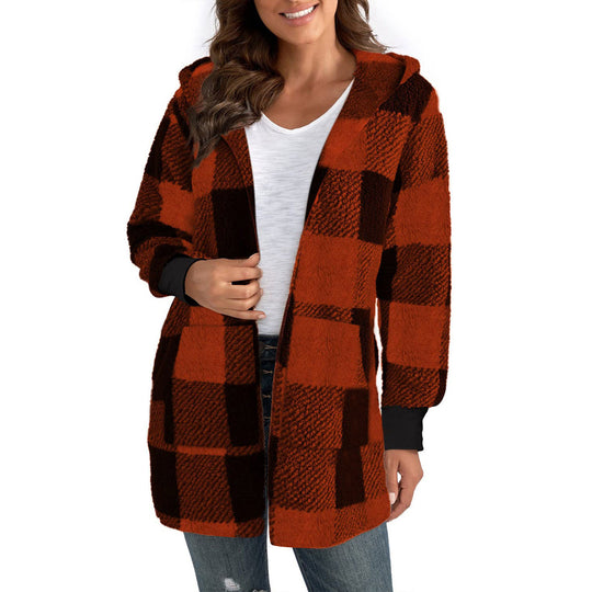Damen Fleecejacke mit Karomuster und Kapuze R&B