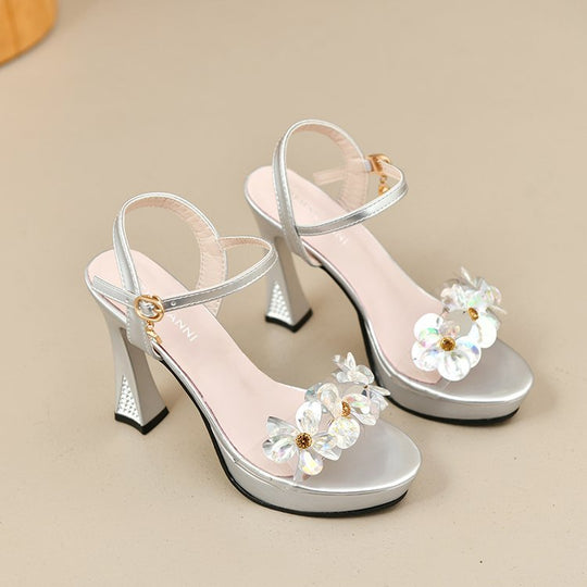 Damen elegante High Heel Sandalen mit blumigen Strassverzierungen R&B