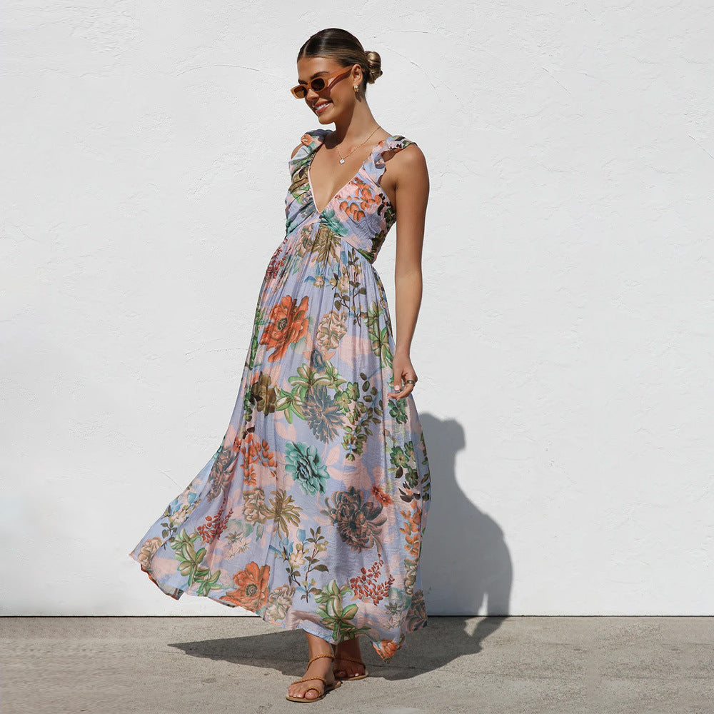Damen Maxikleid mit Volantärmel und floralem Design R&B