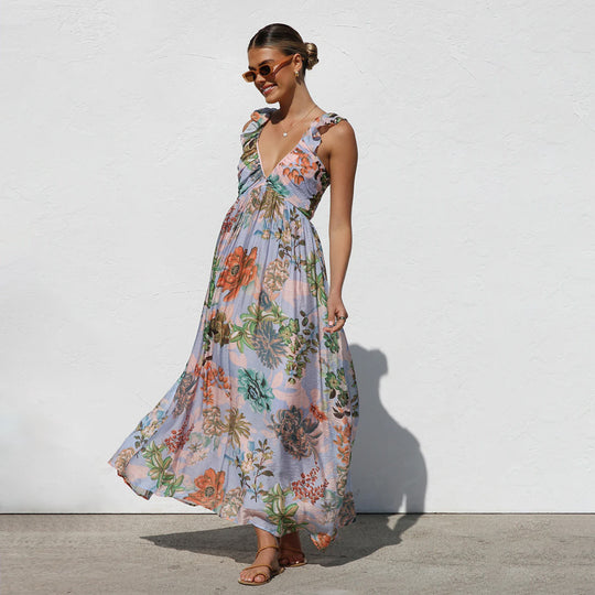 Damen Maxikleid mit Volantärmel und floralem Design R&B