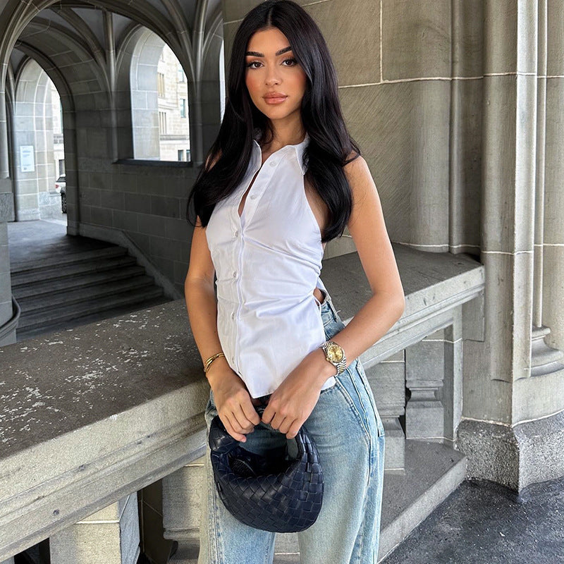 Damen figurbetonte Hemdbluse mit Knopfverschluss und ärmellosem Design R&B