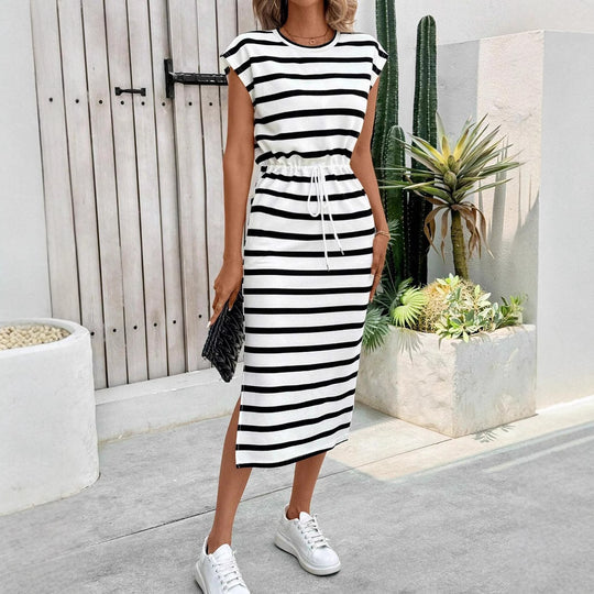 Damen Midikleid mit Streifenmuster und elastischem Taillenzug R&B