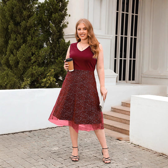Damen Elegantes Skaterkleid mit modischem V-Ausschnitt und glitzerndem Tüll R&B