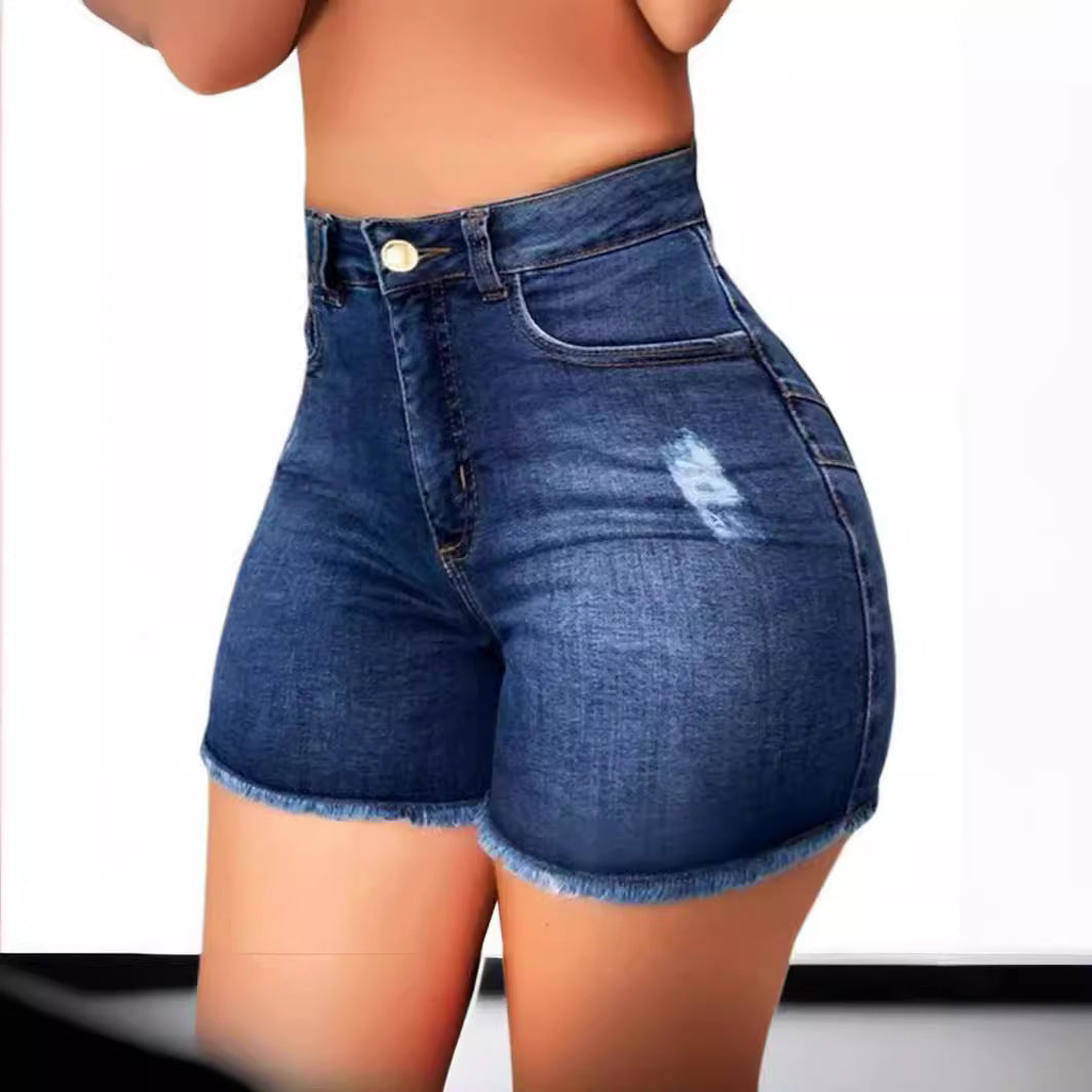 Damen Hoch taillierte Denim-Shorts mit fransigem Saum und figurschmeichelndem Schnitt R&B