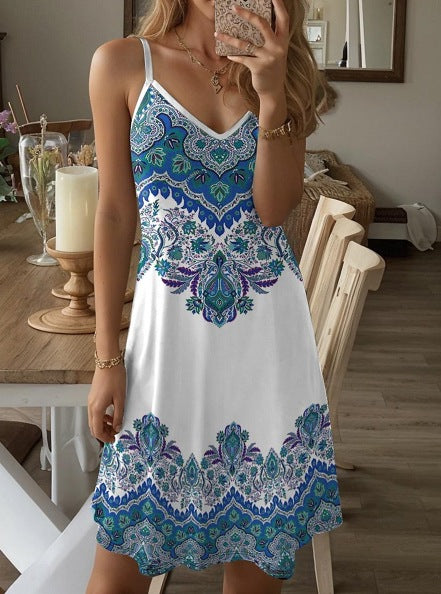 Damen Spaghetti-Träger Kleid mit stilvollem Paisleymuster und A-Linien Schnitt R&B