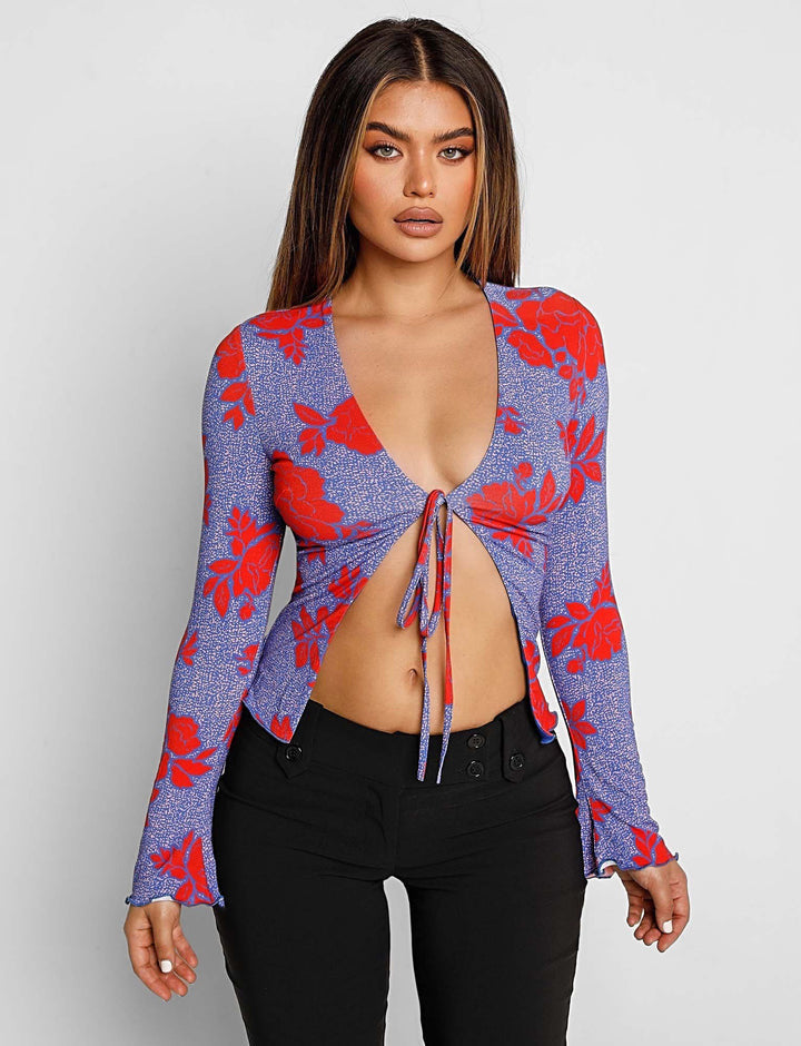 Damen langärmliges Oberteil mit tiefem V-Ausschnitt und floralem Design R&B