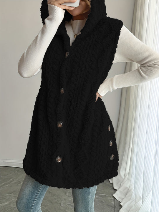 Damen Kuschelige Fleece-Weste mit Kapuze und Knopfverschluss R&B