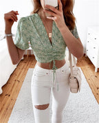 Damen Cropped Bluse mit floralem Design und Kordelzug R&B