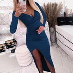 Damen elegantes Wickelkleid mit langen Ärmeln und Seitenschlitz R&B