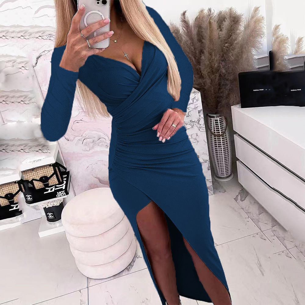 Damen elegantes Wickelkleid mit langen Ärmeln und Seitenschlitz R&B
