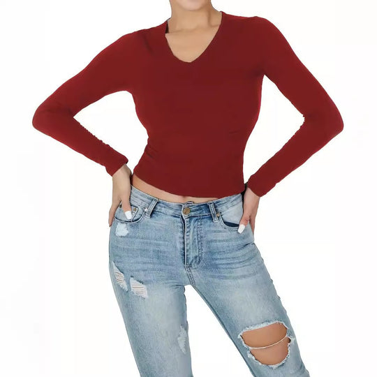 Damen Langarmshirt mit figurbetonter Passform und V-Ausschnitt R&B