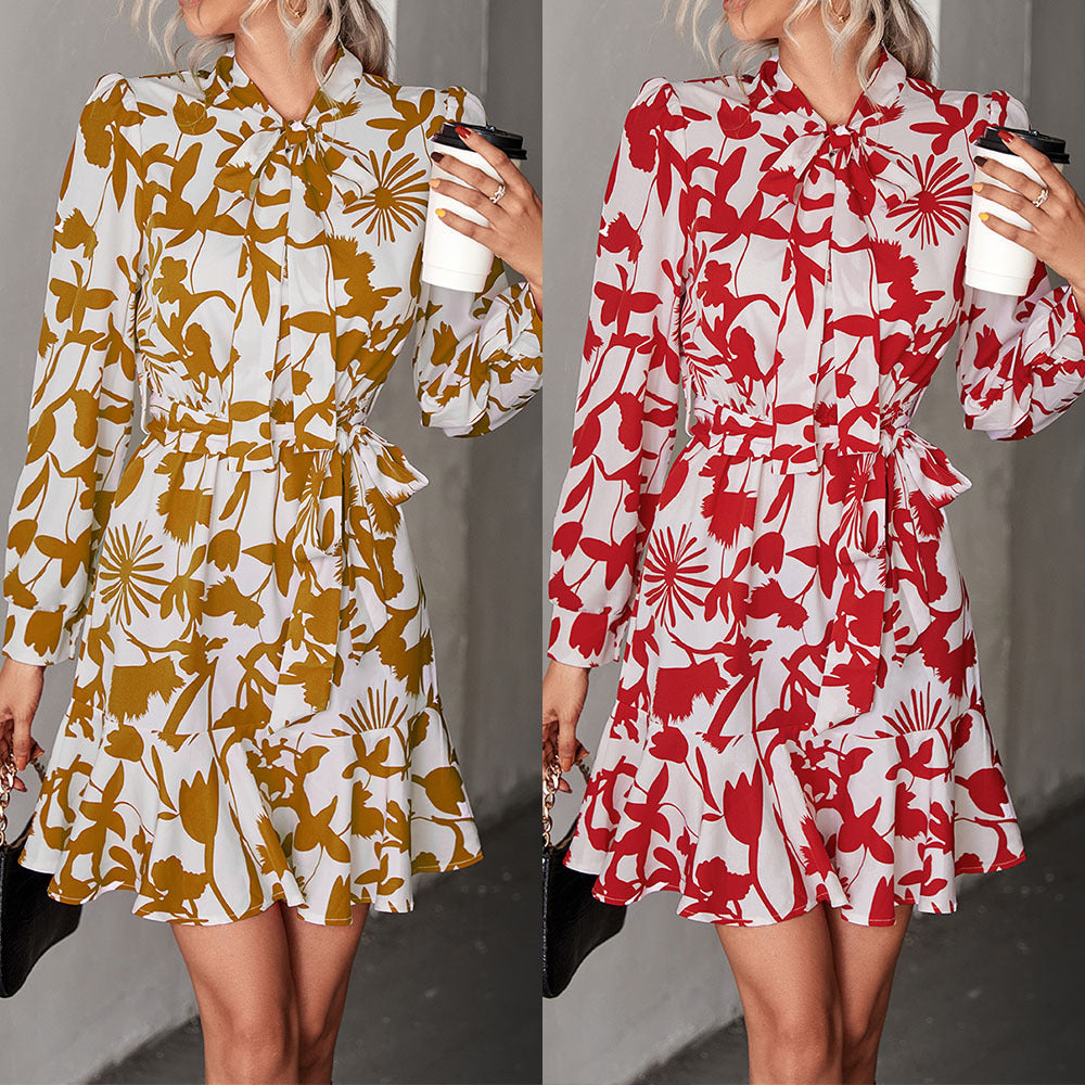 Damen Kleid mit hochgeschlossenem Kragen und modischem Blumendruck R&B