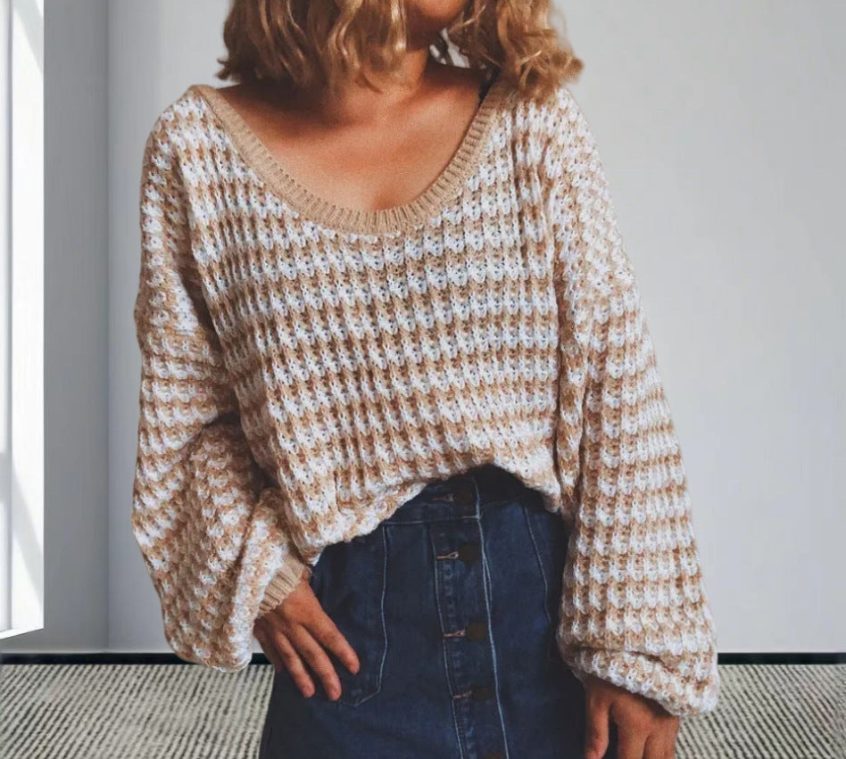 Damen Oversized Strickpullover mit off-Shoulder Design und modischem Rippenmuster R&B