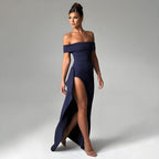 Damen Elegantes Off-Shoulder Abendkleid mit hohem Schlitz und tailliertem Schnitt R&B