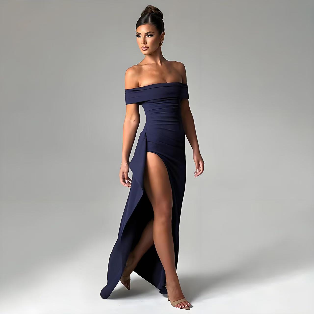 Damen Elegantes Off-Shoulder Abendkleid mit hohem Schlitz und tailliertem Schnitt R&B