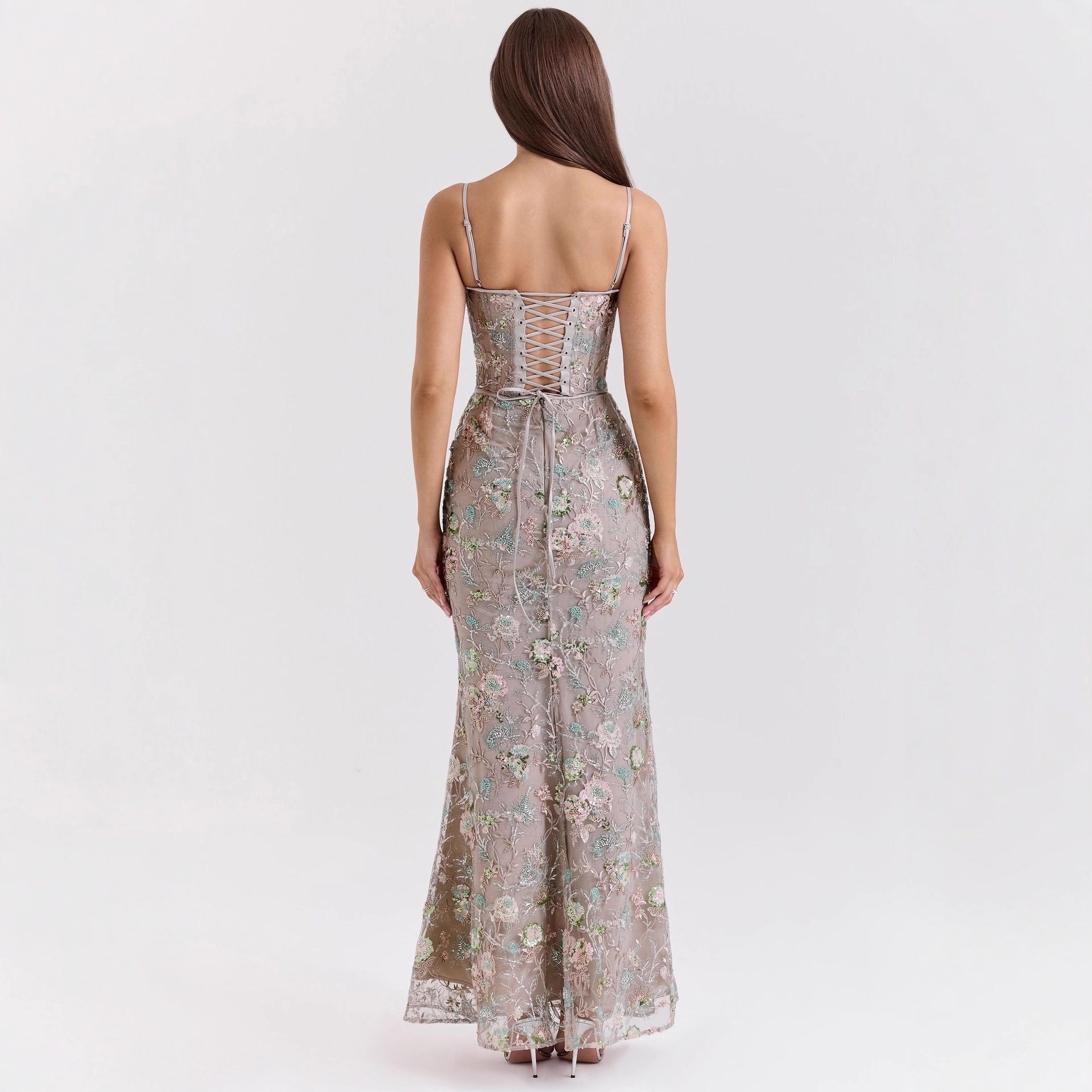 Damen nan elegantes besticktes Abendkleid mit Korsettoberteil und transparentem Spitzenüberzug R&B
