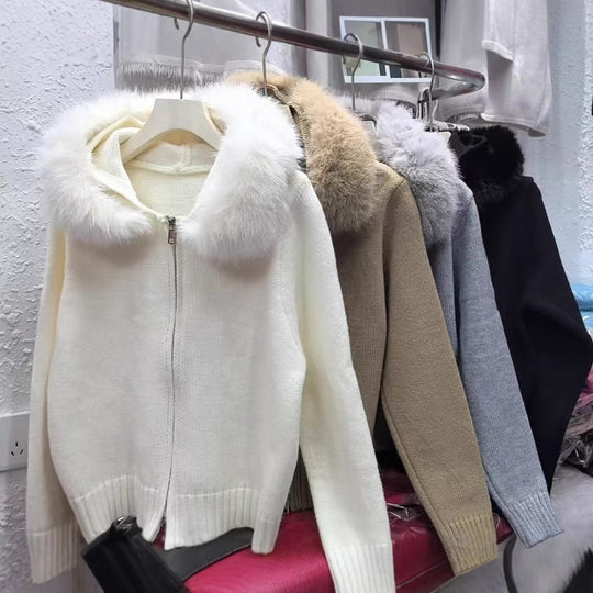Damen kuschelige Strickjacke mit luxuriösem Pelzkragen und Reißverschluss R&B