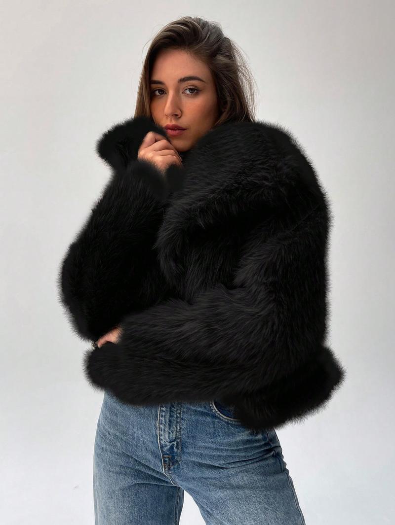 Damen Modischer Kunstpelz-Cropped-Jacke mit voluminösen Ärmeln R&B