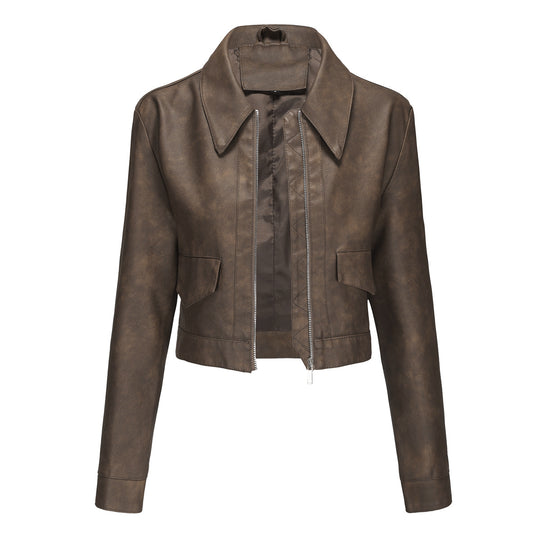 Damen modische cropped Kunstlederjacke mit klassischem Wellenkragen R&B