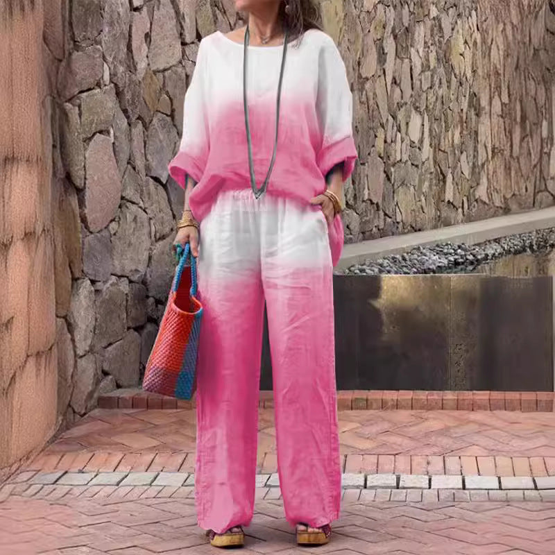 Damen lässiges Leinen-Outfit mit weiten Hosen und lockerer Bluse