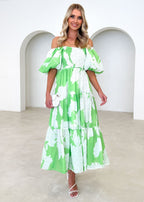 Damen Maxikleid mit schulterfreiem Schnitt und luftigen Puffärmeln R&B