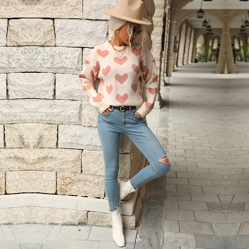 Damen Sweater mit Herzmuster und weitem Schnitt