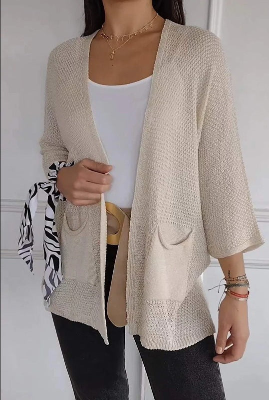 Damen lässige Strickjacke mit offener Vorderseite und praktischen Taschen R&B