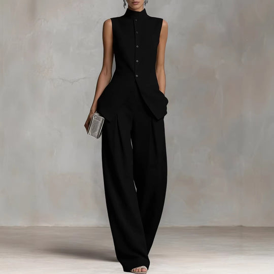 Damen Eleganter Jumpsuit mit hochgeschlossenem Kragen und weitem Bein R&B
