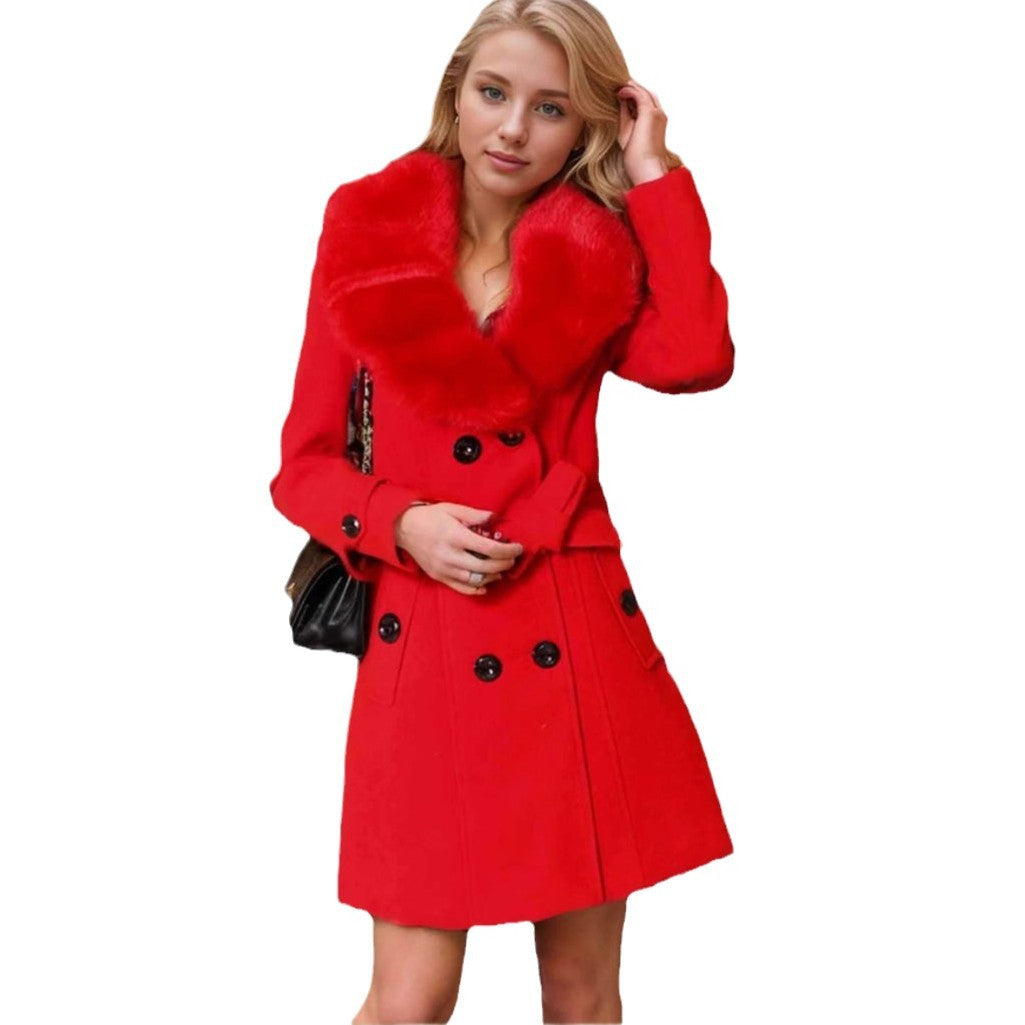 Damen Eleganter Trenchcoat mit abnehmbarem Fellkragen R&B