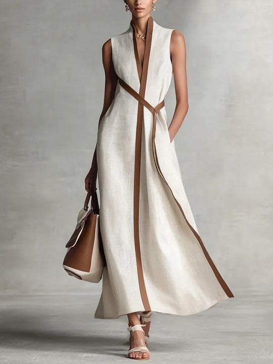 Damen elegantes Maxikleid mit Taillenschnitt und schmalem Gürtel R&B