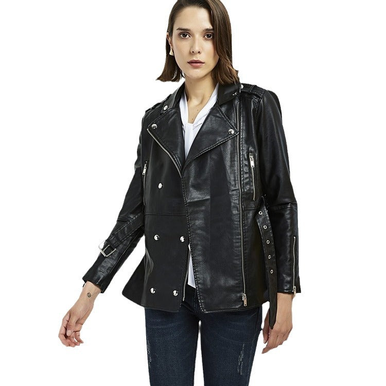 Damen zeitlose Bikerjacke aus Kunstleder mit Gürtel und Reißverschlussdetails R&B