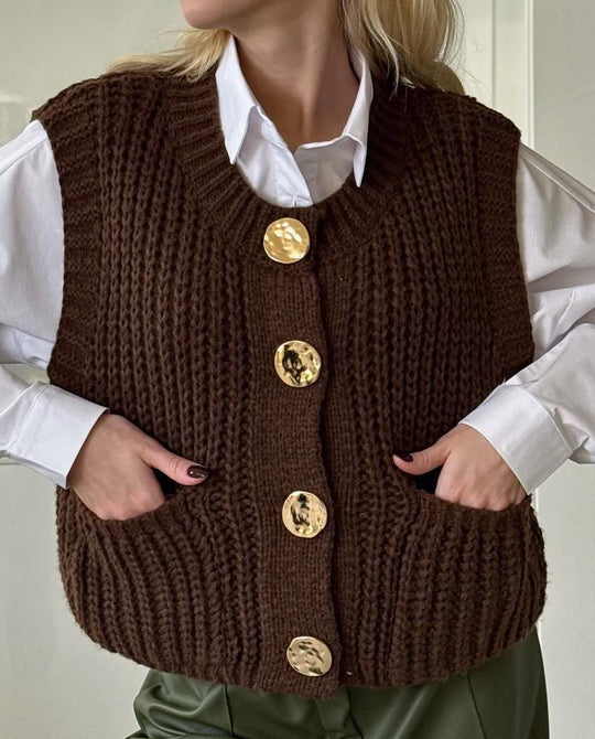 R&B | Strickweste Wollmischung Übergröße Passform Geripptes Strick Knöpfe Taschen