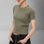 Damen Kurzarm Strickoberteil mit Kabelmuster R&B