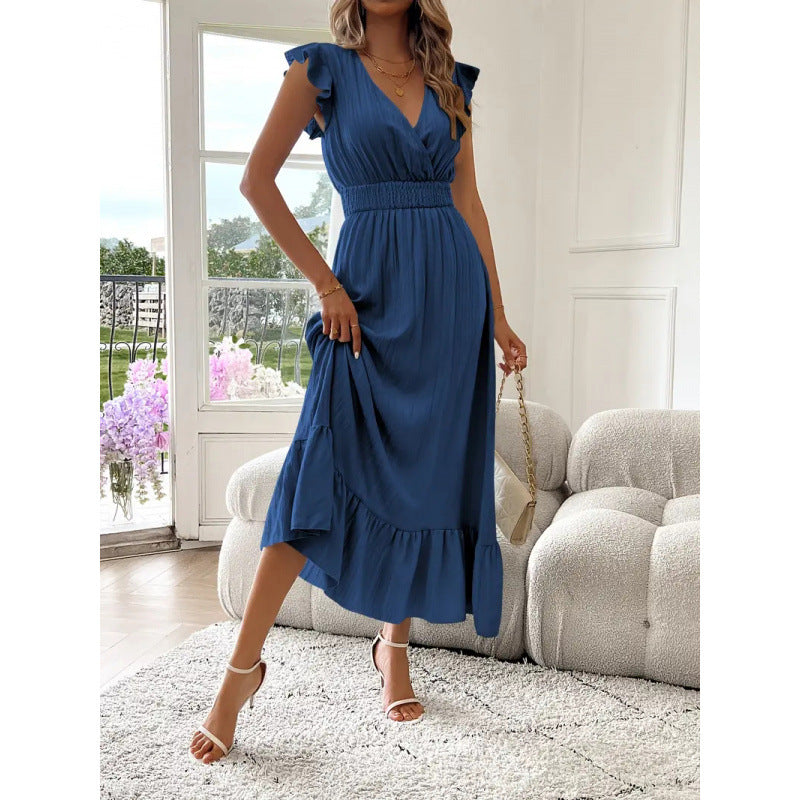 Damen Maxikleid mit voluminösen Rüschenärmel und elegantem Bund R&B