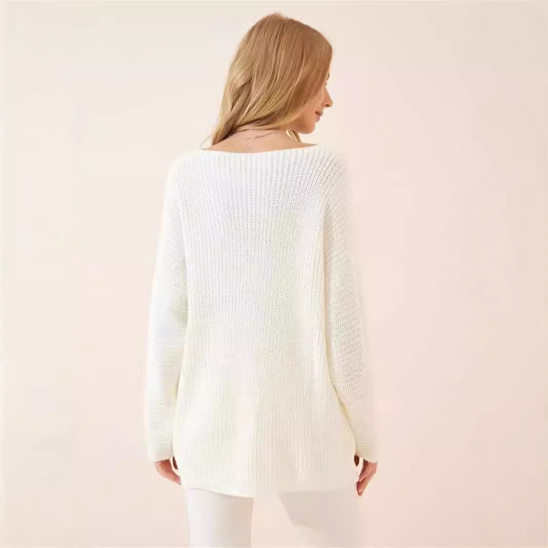 Damen lässiger V-Ausschnitt Pullover mit strukturiertem Strickmuster R&B