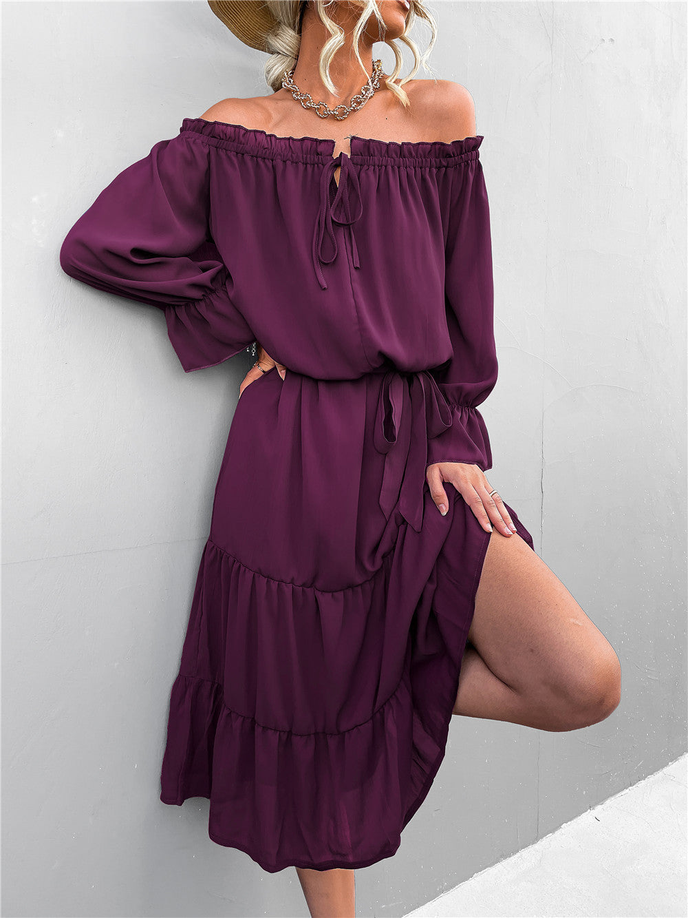 Damen lässiges Off-Shoulder Kleid mit Rüschensaum und Taillengürtel R&B