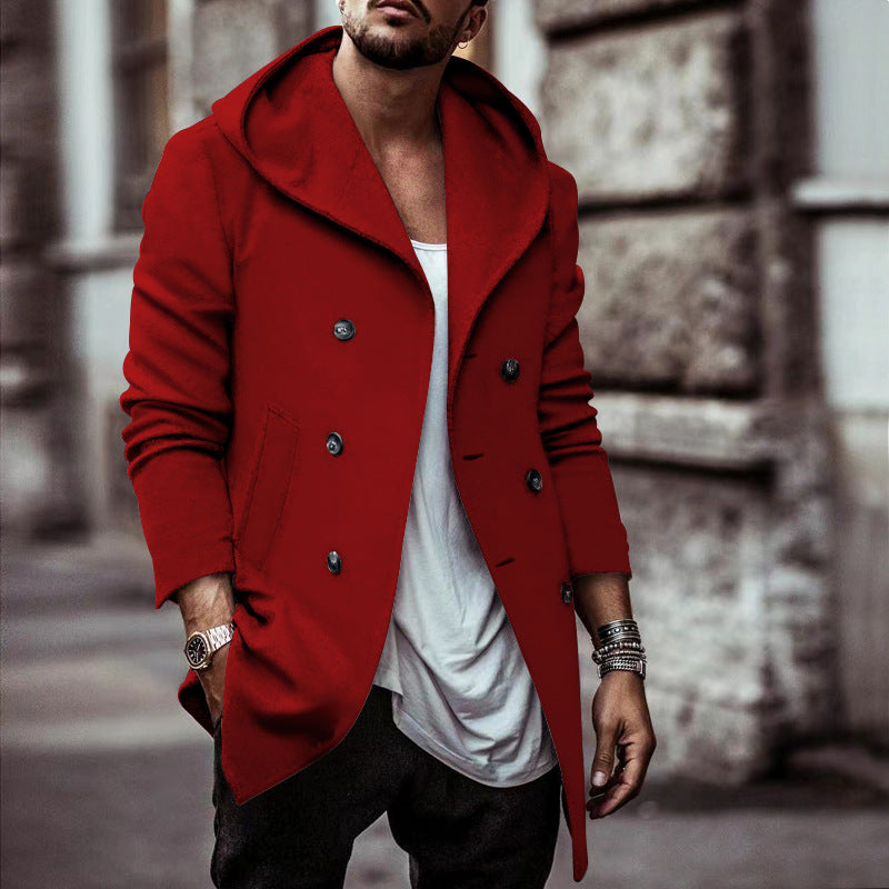 Herren stylischer Hoodie-Mantel mit doppelter Knopfreihe und weitem Kragen R&B