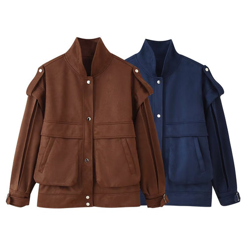 Damen Modische Utility-Jacke mit hohen Kragen und praktischen Taschen R&B
