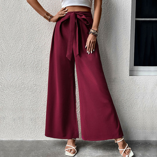 Damen Weite High-Waist-Hose mit Schleifenbund und Faltenwurf R&B