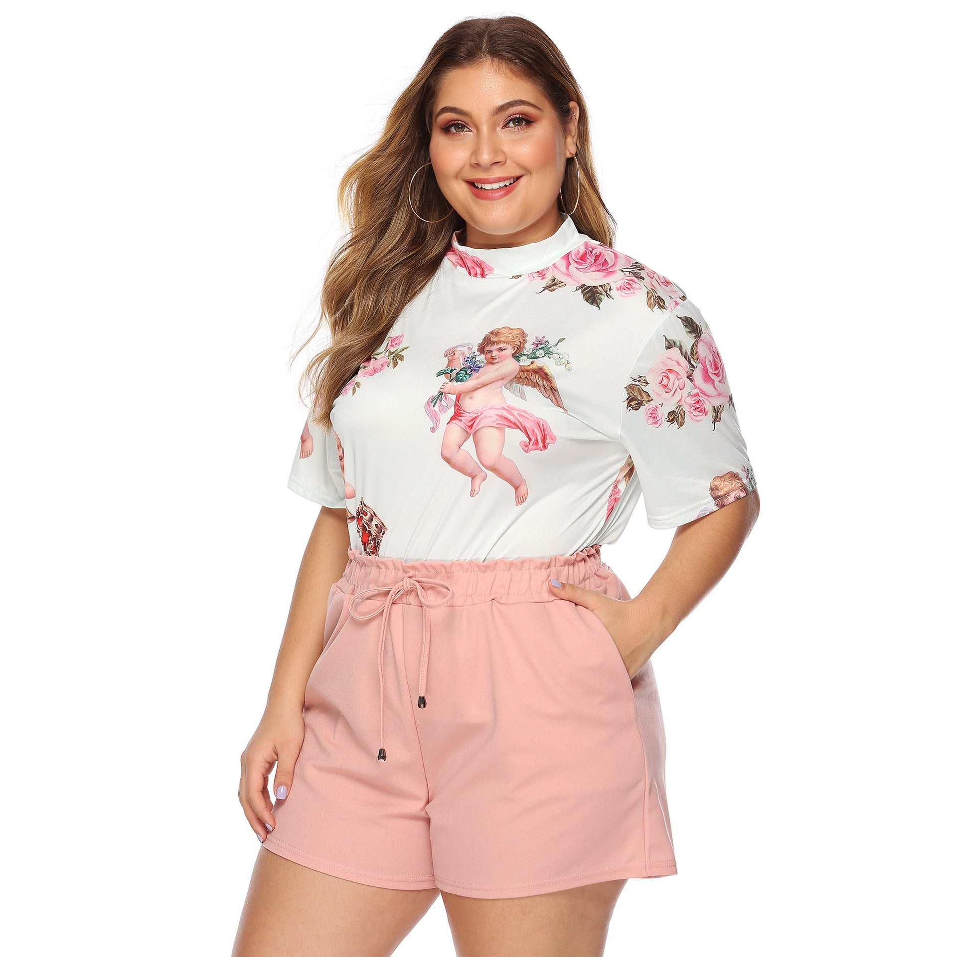 Damen lässiges Oberteil mit einzigartigem Engel-Druck und bequemen Shorts R&B