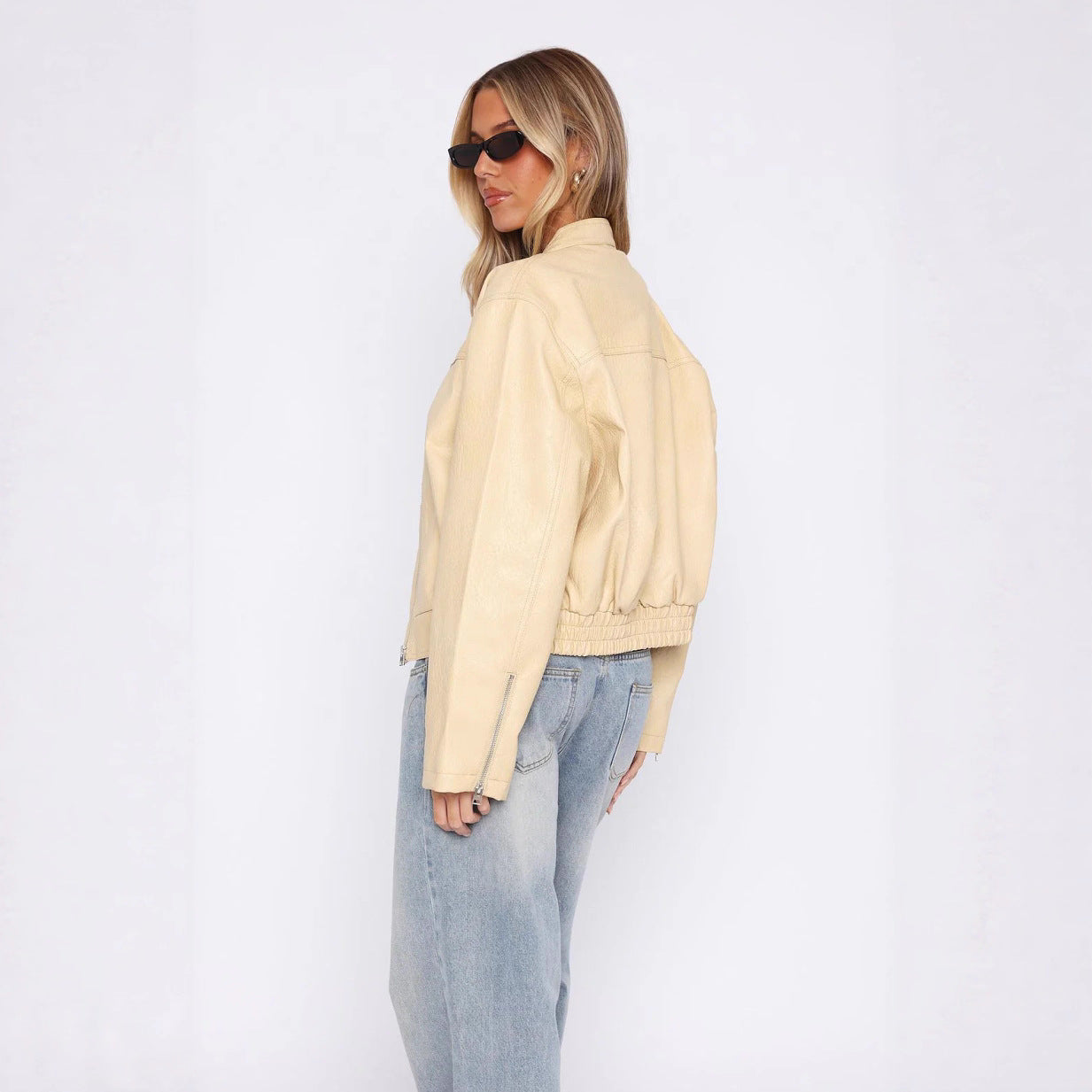 Damen Kunstleder Jacke mit elastischem Bund und hohem Stehkragen R&B