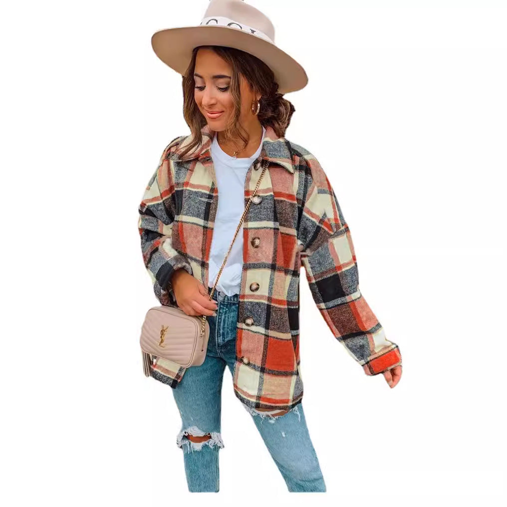 Damen lässige karierte Flanelljacke mit Knopfdetails R&B